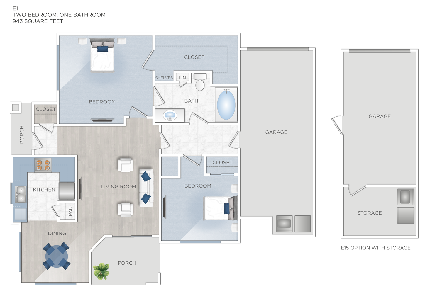 Floor plan for 2 beds, 2 baths, 943 sqft